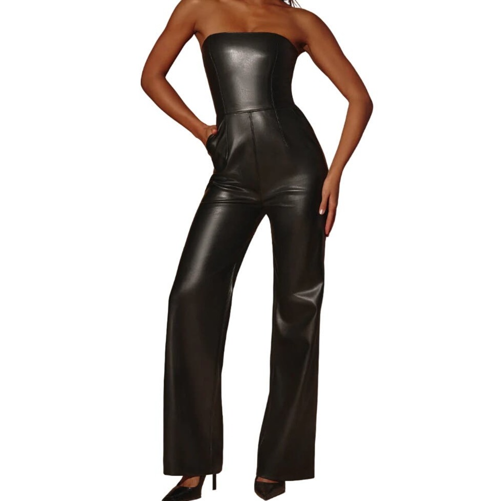 Oh Polly	Selah Strapless Wide Leg Vegan Leather Jumpsuit in Black